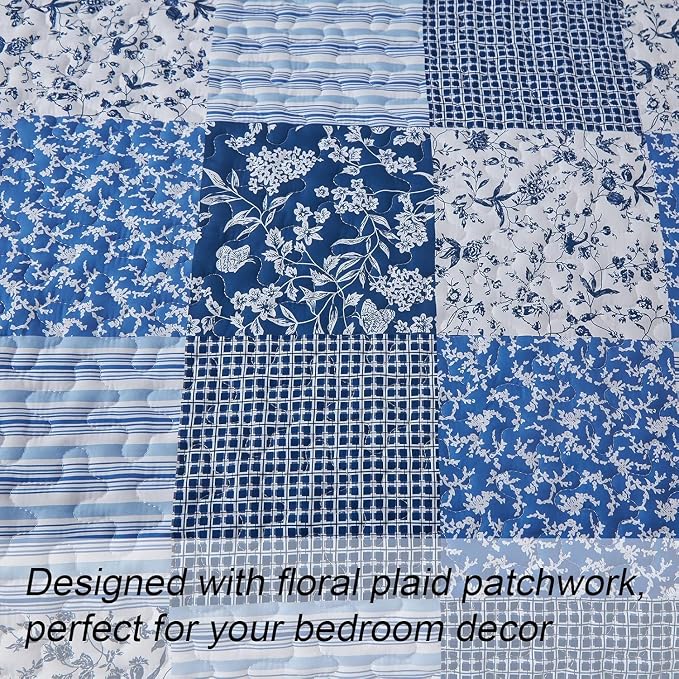 Mybedsoul Blue Quilt Set California King, 3 Pieces Plaid Floral Bedspread Set - Image 4