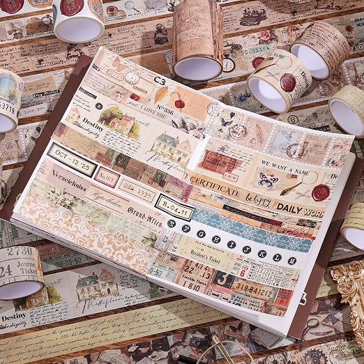 34 Rolls Vintage Washi Tape Set, Letter Map Stamp Stripe Literature Art - Image 7