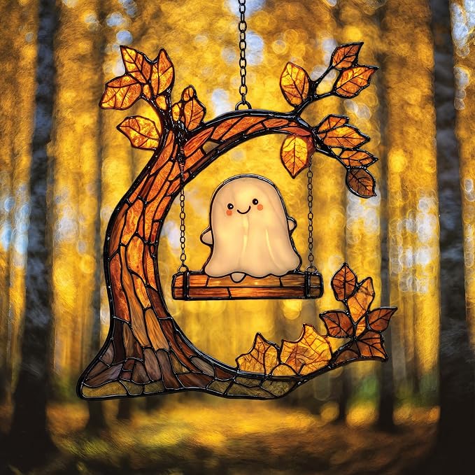 Cute Ghost on Crescent Swing Acrylic Suncatcher by Unknown