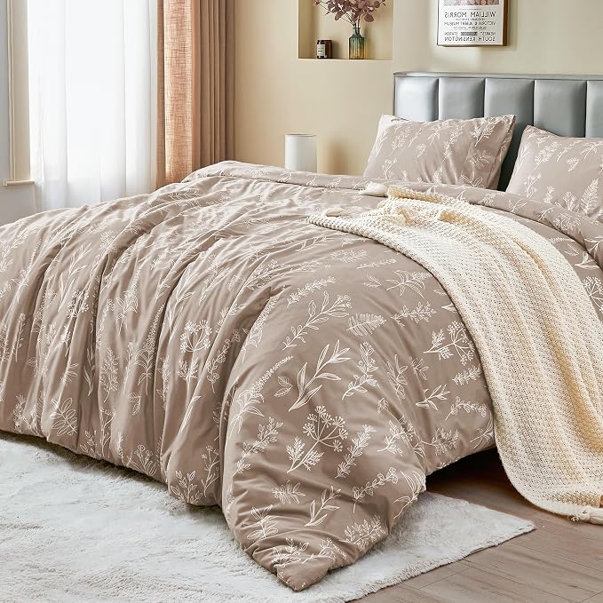 MUXHOMO Duvet Cover Full Size, Reversible Floral Taupe Duvet Cover Set - Image 3