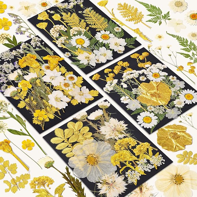 85 Pcs Dried Flowers for Crafts | Real Natural Dried Pressed Flowers in Golden by CONVELIFE