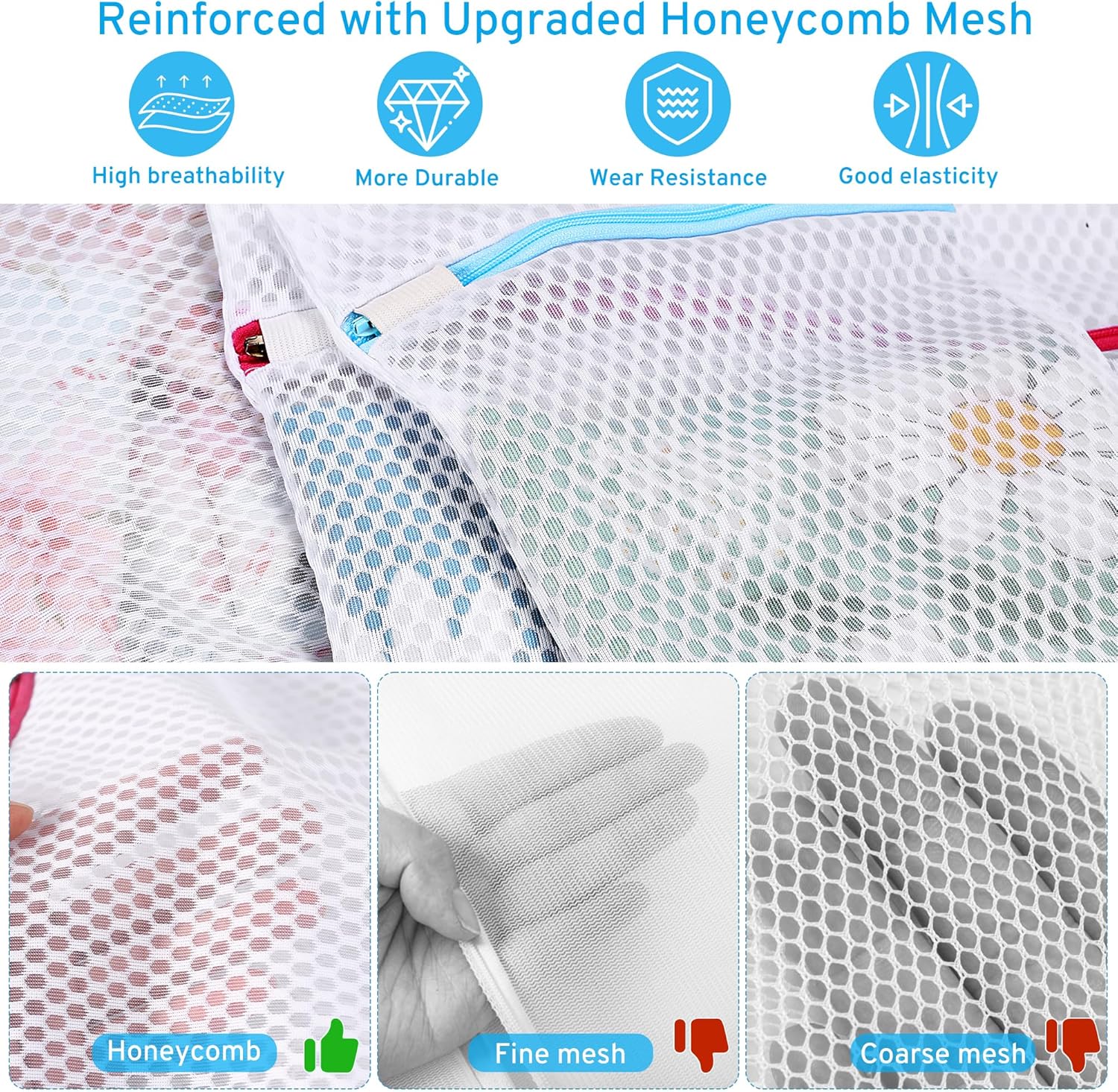 2nd Gen Honeycomb Mesh Laundry Bags for Delicates, Lingerie Bags for Washing Delicates, Travel Storage Organize Bag, Clothing Washing Bags for Blouse, Bra, Hosiery, Underwear and More(3 Pcs, 1L,1M,1S)