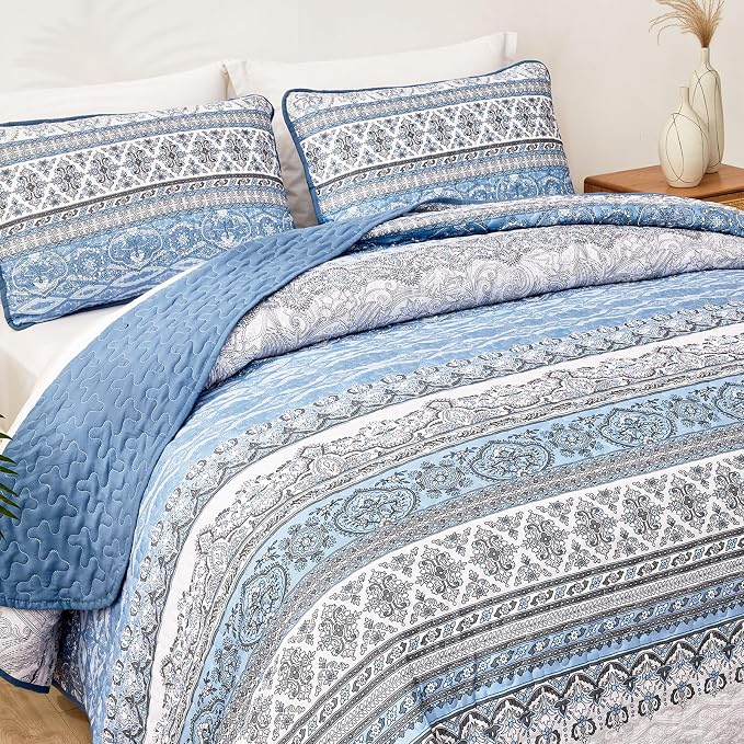 WONGS BEDDING Boho King Quilt Set, Light Blue Bohemian King Quilt Bedding Set - Image 7