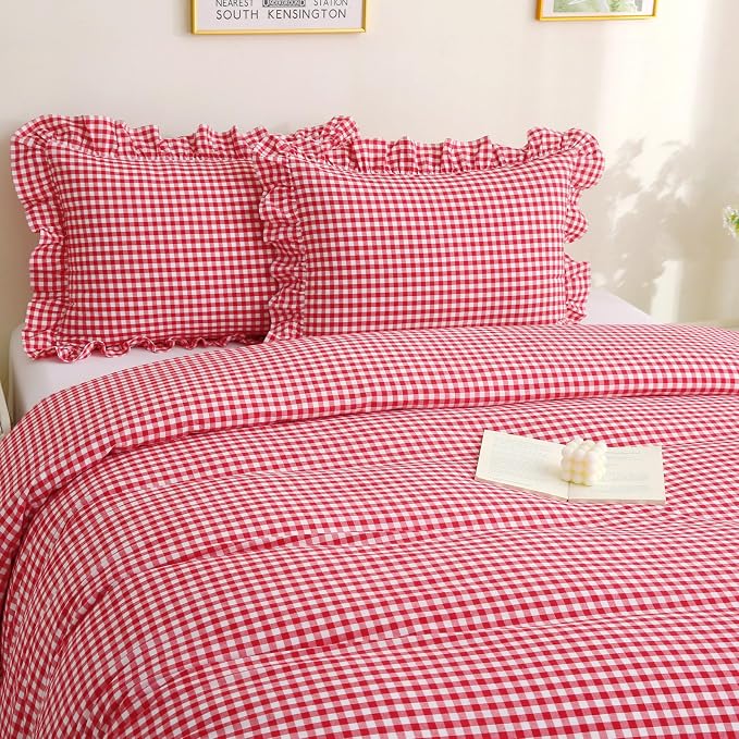 Silnuo Red/White Checkered Ruffle 3-Piece Duvet Cover Set Full Size, Washed - Image 4