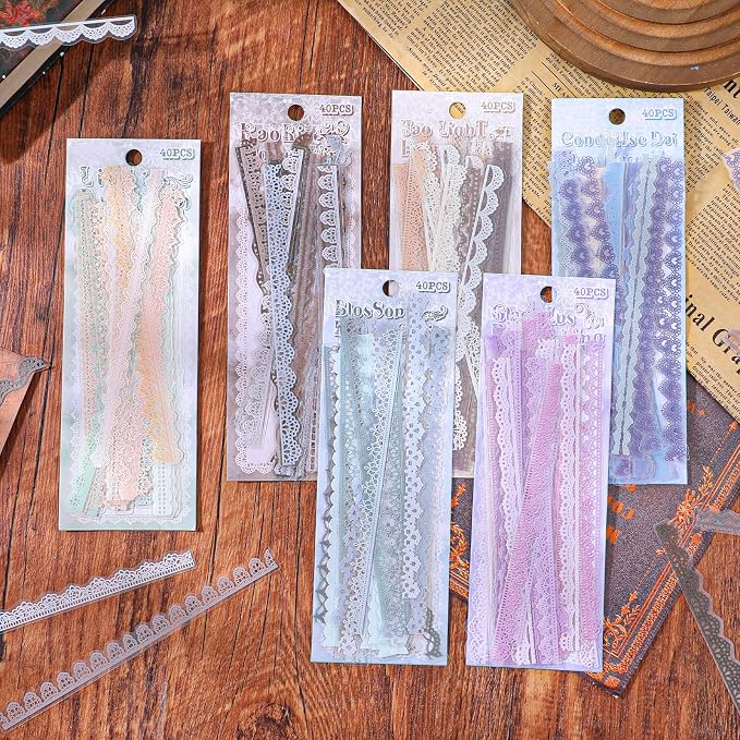 240PCS/6 Packs Lace Transparent Stickers, Vintage PET Lace Scrapbooking - Image 7
