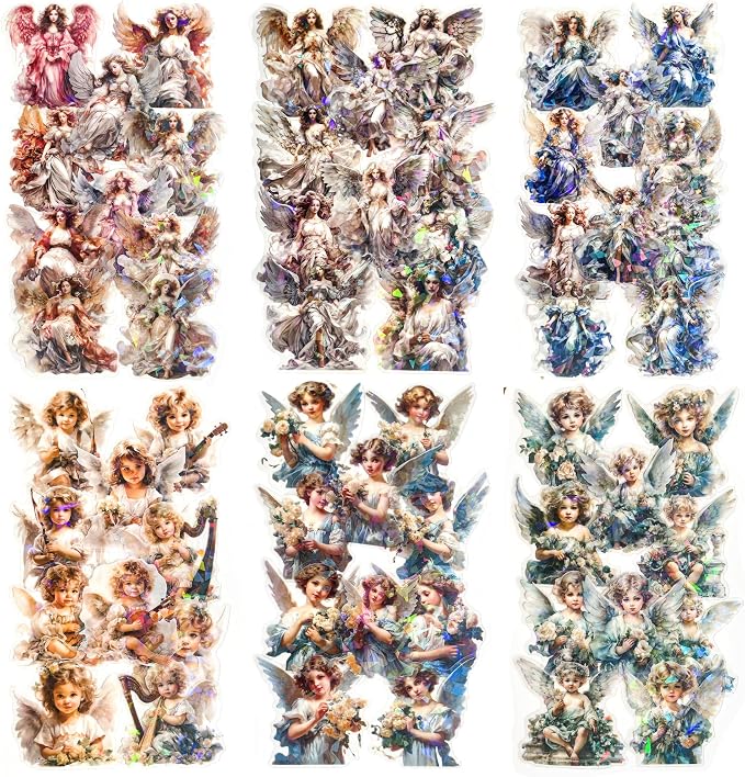 60-Piece Vintage Holographic Cherub Angel Fairy Scrapbook Stickers – Waterproof by YOKSAS