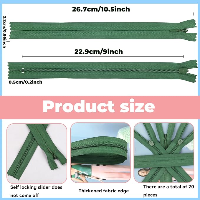 YAKA 20pcs Green Nylon Invisible Zippers Tailor Sewing Tools Garment - Image 2