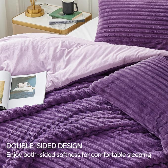 BEDELITE Fleece King Comforter Set -Super Soft & Warm Fluffy Purple Bedding - Image 4