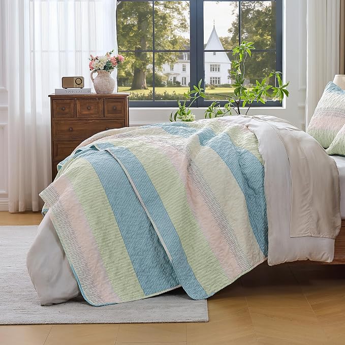 Andency Queen Quilt Bedding Set Blue Pink, 3 Pieces Patchwork Summer Striped - Image 2