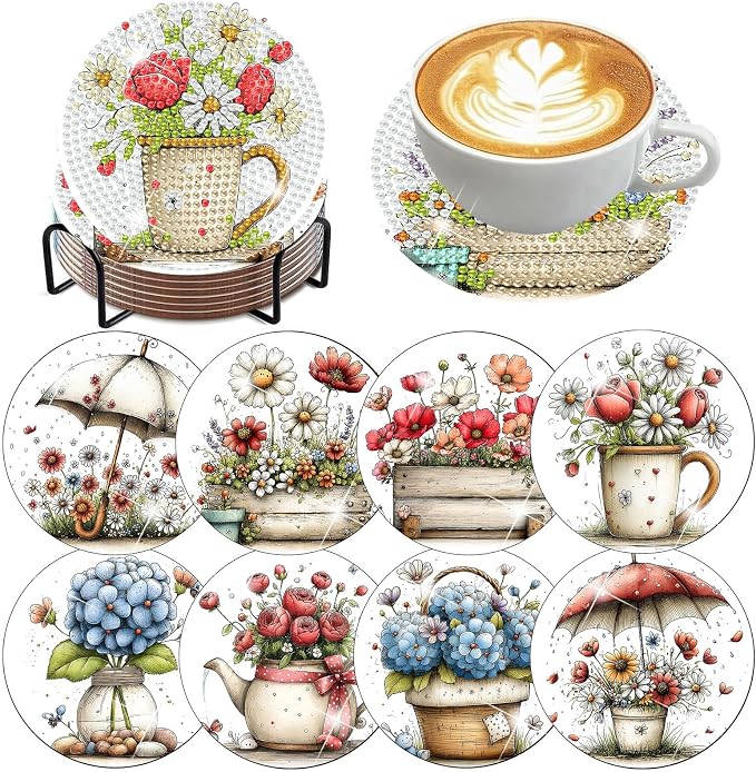 8 PCS Flowers Diamond Art Coasters Kits | Diamond Paintings Coasters by Benjenes