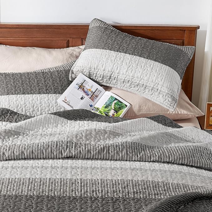 Andency Queen Quilt Bedding Set Dark Grey, 3 Pieces Patchwork Summer Striped - Image 4
