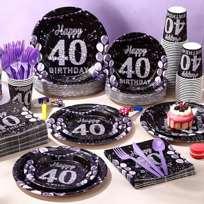 Pickmesh 400 Pcs 40th Birthday Party Supplies Purple Black Happy 40th Birthday - Image 6