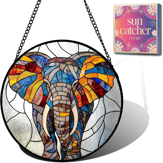 Elephant Acrylic Suncatcher Faux Stained Glass Window Hanging 7.8" | Birthday by Unknown