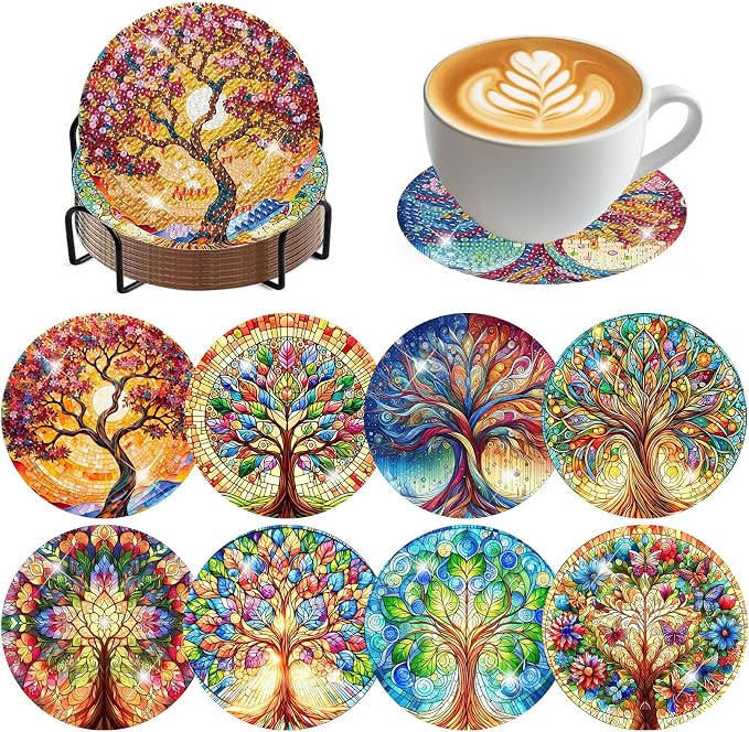 8 Pack Diamond Art Coasters, Tree of Life Diamond Painting Coasters Kits | Tree by Zythron