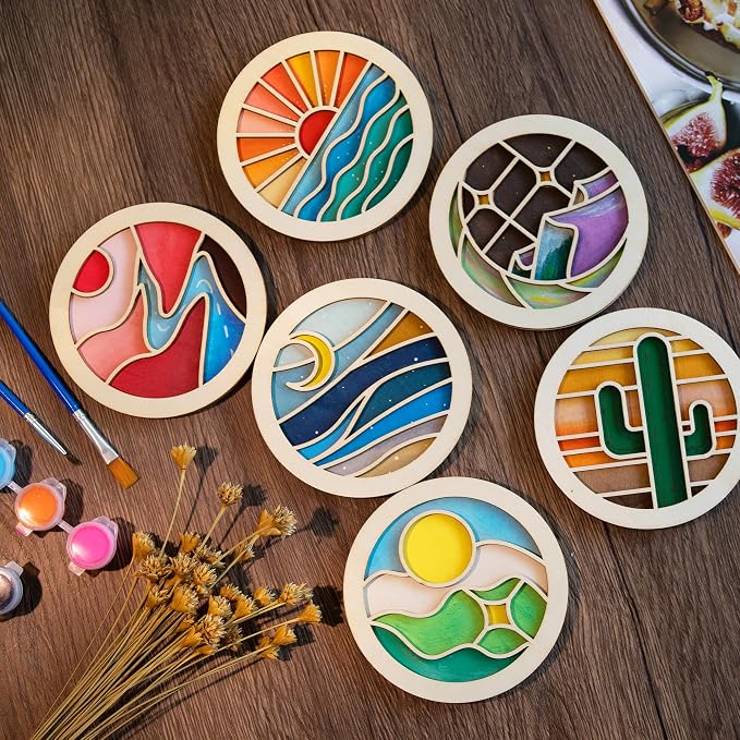Temlum Wooden Coasters Painting Kit, Paint You Own Coaster Wooden Painting - Image 6