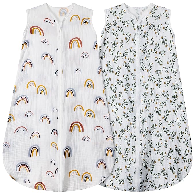 2 Pack Baby Sleep Sack 18-24 Months 100% Organic Cotton Muslin Baby Sleeping Bag 2-Way Zipper Wearable Blankets (Rainbow & Leaf, X-Large)