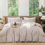 MooMee Gingham Duvet Cover Set 100% Washed Cotton Linen Like Textured by MOOMEE