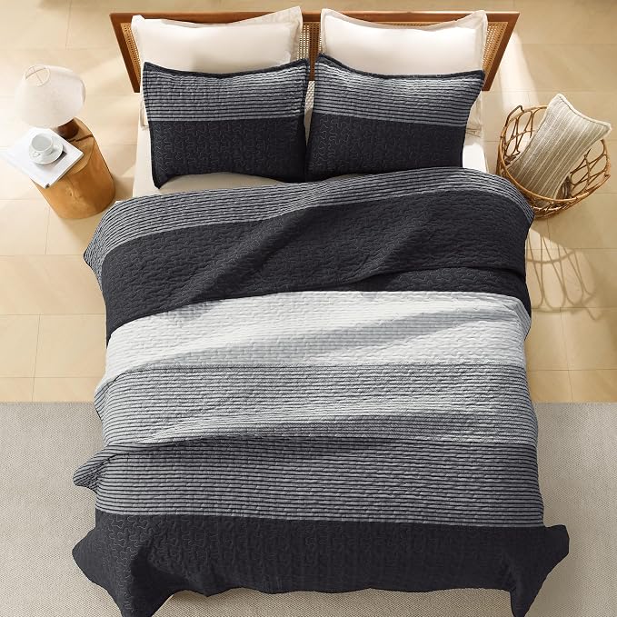 Litanika Oversized Queen Quilt Set Black and White, 98x98 Stripe Bedspread - Image 3