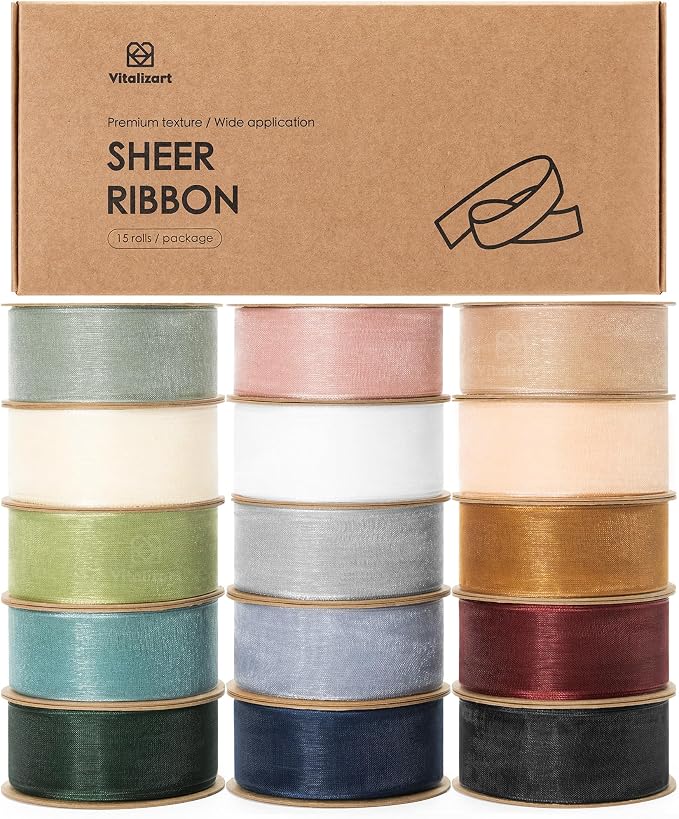 Vitalizart 1" x 150 Yd Organza Ribbon Mixed Color Sheer Ribbons Set 10 Yd x 15 by Vitalizart