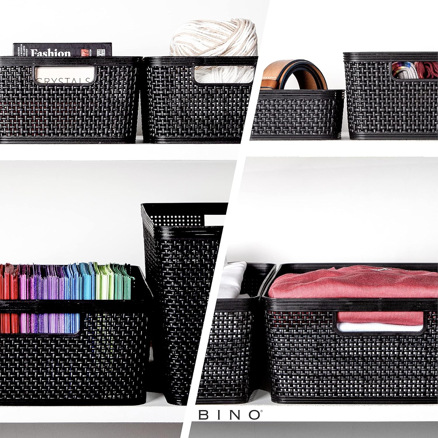 BINO | Woven Plastic Basket | Large (Black), 3-Pack | THE JUTE COLLECTION | Home Organization, Space - Saving Storage, Stylish Design | Jute Basket | Plastic Storage Basket