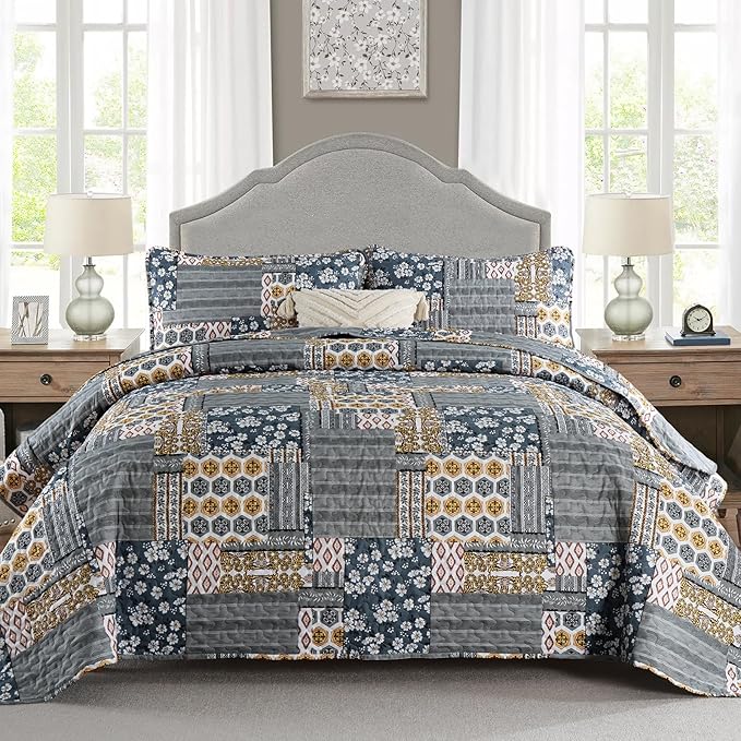 Mybedsoul Dark Grey Quilt Set Queen Size, 3 Pieces Plaid Floral Bedspread Set by Mybedsoul
