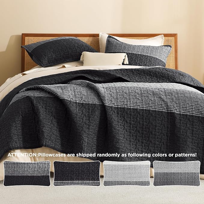 Litanika Oversized King Quilt Set Black and White, 120x98 Stripe Bedspread - Image 5