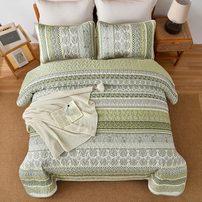 WONGS BEDDING Boho Quilt Set King Size, Sage Green Bohemian 3 Pieces Quilt Sets - Image 3