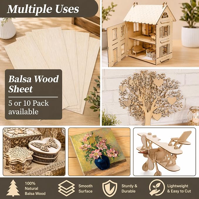 Balsa Wood Sheets, 5 Pack 12 x 4 x 1/16 Inch Unfinished Thin Wood Boards - Image 6