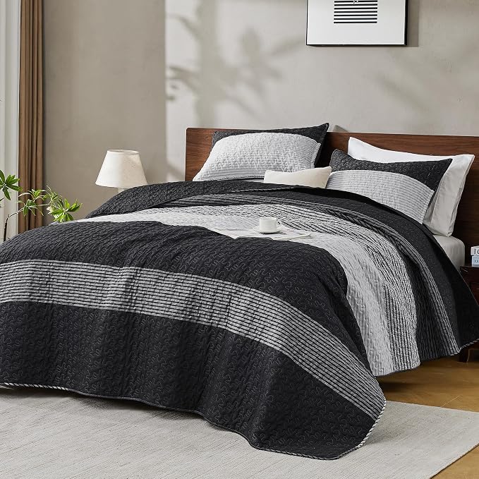 Andency Oversized King Quilt Bedding Set, 120x98Inch Black White Stripe - Image 8