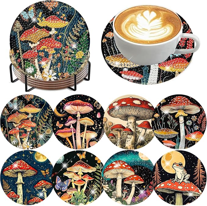 Zythron 8 Pack Diamond Art Coasters, Mushroom Diamond Painting Coasters Kits | by Zythron