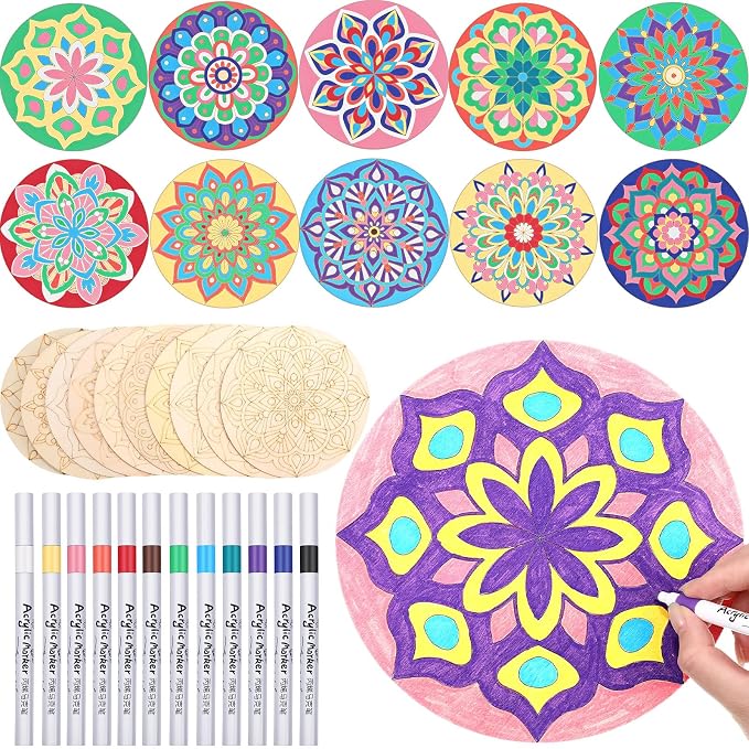 Vercraft 22 Pcs Wooden Mandala Painting Set 10 Mandala Unfinished Wood Cutouts by Vercraft