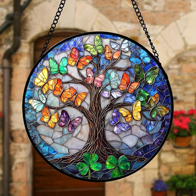 DASTOLL Stained Glass Window Hanging, Butterfly Tree Clover Sun Catchers Glass - Image 4