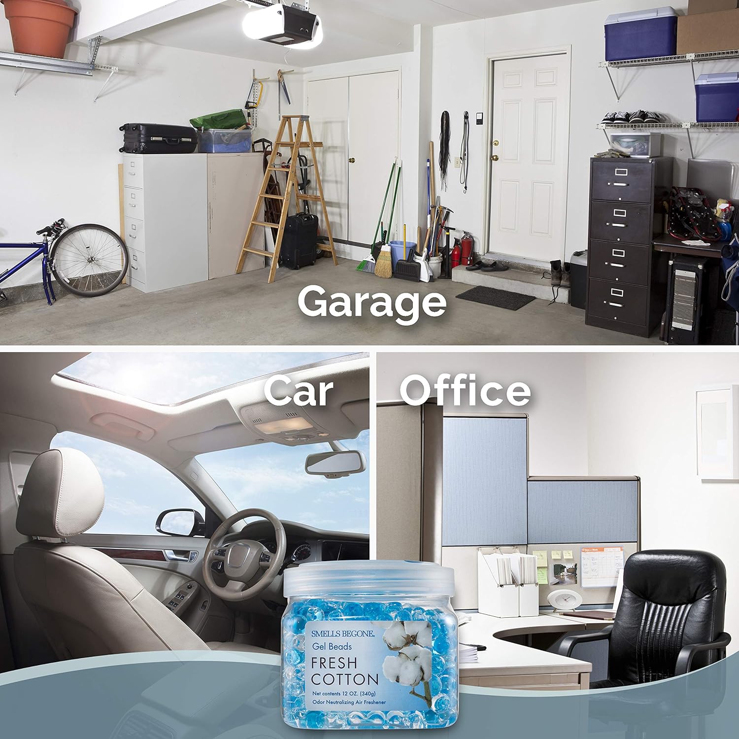 SMELLS BEGONE Odor Eliminator Gel Beads - 12 oz, Pack of 2 - Eliminates Odor in Bathrooms, Cars, Boats, RVs & Pet Areas - Air Freshener - Made with Essential Oils - Fresh Cotton Scent