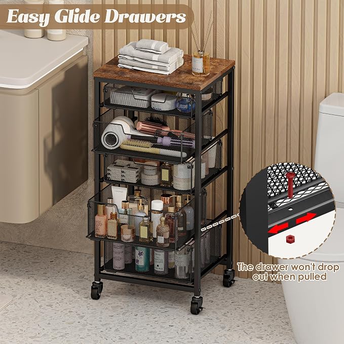 Rolling Cart with Drawers, 5-Drawer Storage Cart on Wheels with Vintage Wooden - Image 7