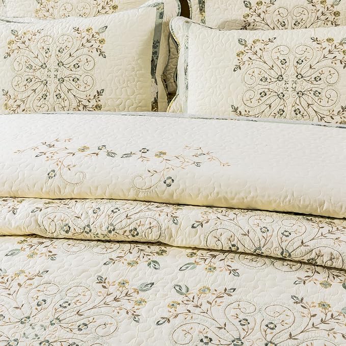 ROOMLIFE Quilt Set Full/Queen Size 3D Floral Embroidery Pattern 3-Piece Cotton - Image 9