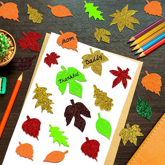 Coopay Glitter Fall Leaf Stickers Thanksgiving Christmas Adhesive Foam Maple - Image 4