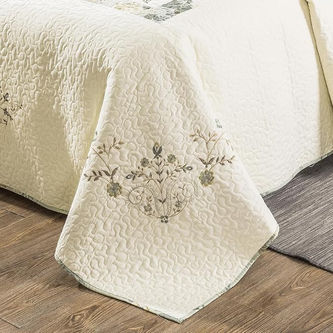 ROOMLIFE Quilt Set Full/Queen Size 3D Floral Embroidery Pattern 3-Piece Cotton - Image 4