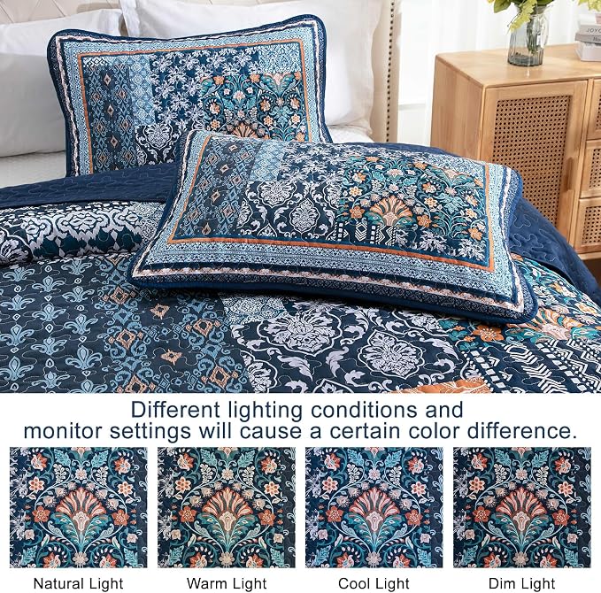 WONGS BEDDING Navy Blue Quilt Set Full Size, Bohemian Patchwork Bedspread - Image 5