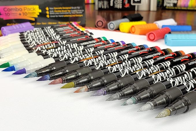 20 Brush Tip Acrylic Paint Pens, Classic and Metallic Color Double Pack - Image 3