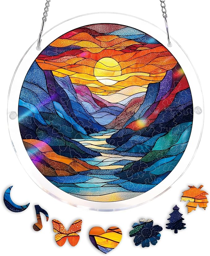 Acrylic Puzzle Suncatcher, Sunset Mountain Rive Sun Catcher by Unknown