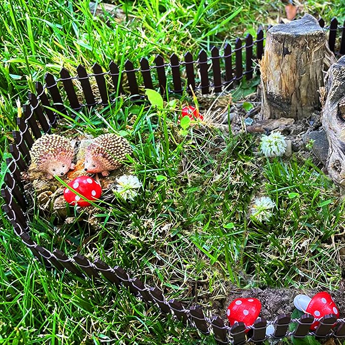 CooBigo 6 Pack Resin Hedgehogs & Wood Mushroom Sculpture, Fairy Wild Garden - Image 3