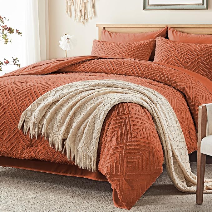 Zzlpp Full Comforter Set 7 Pieces, Burnt Orange Tufted Bed in a Bag - Image 2
