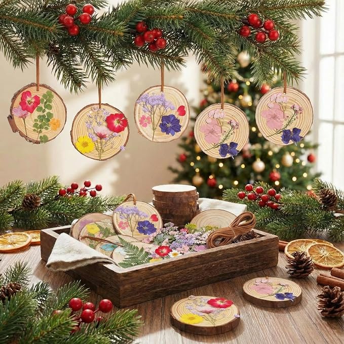 20 Set DIY Wooden Crafts with Dried Pressed Flowers Leaves Unfinished Wood - Image 3