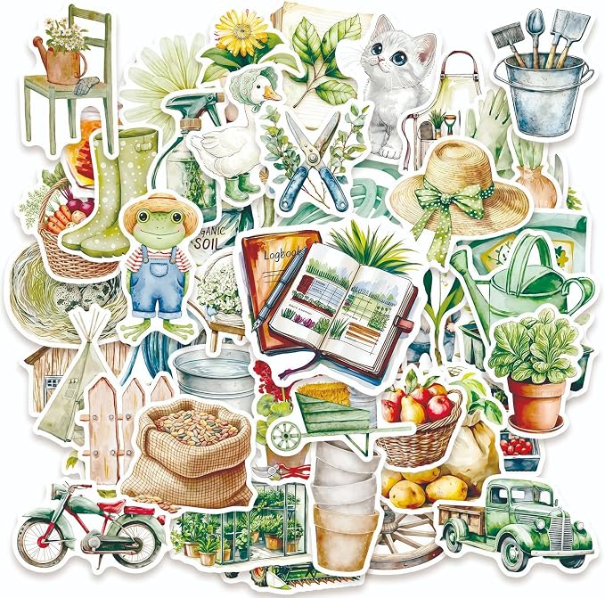 50 Pcs Cute Garden Farm Life Stickers, Vintage Plant Gardening Tool Animal by Unknown