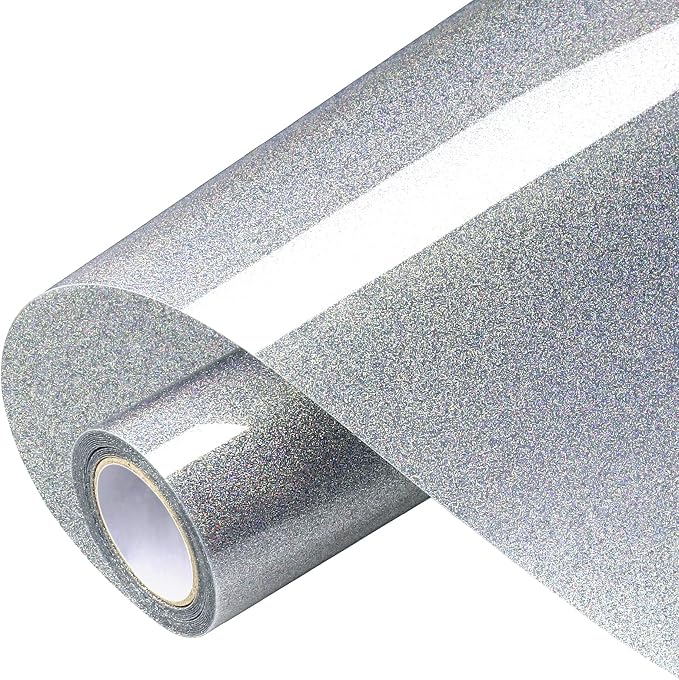 VinylRus Glitter Heat Transfer Vinyl Rolls-10” x 8ft Laser Silver Iron on Vinyl by VinylRus