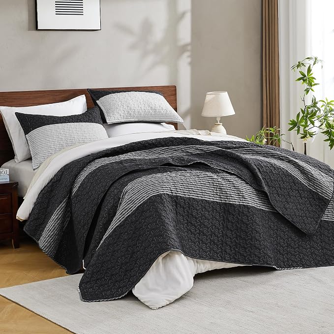 Andency Oversized King Quilt Set Black White, 128x120 Stripe Bedspread Coverlet - Image 2