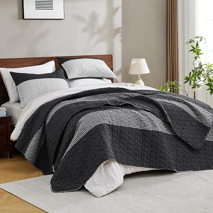 Andency Oversized King Quilt Bedding Set, 120x98Inch Black White Stripe - Image 2