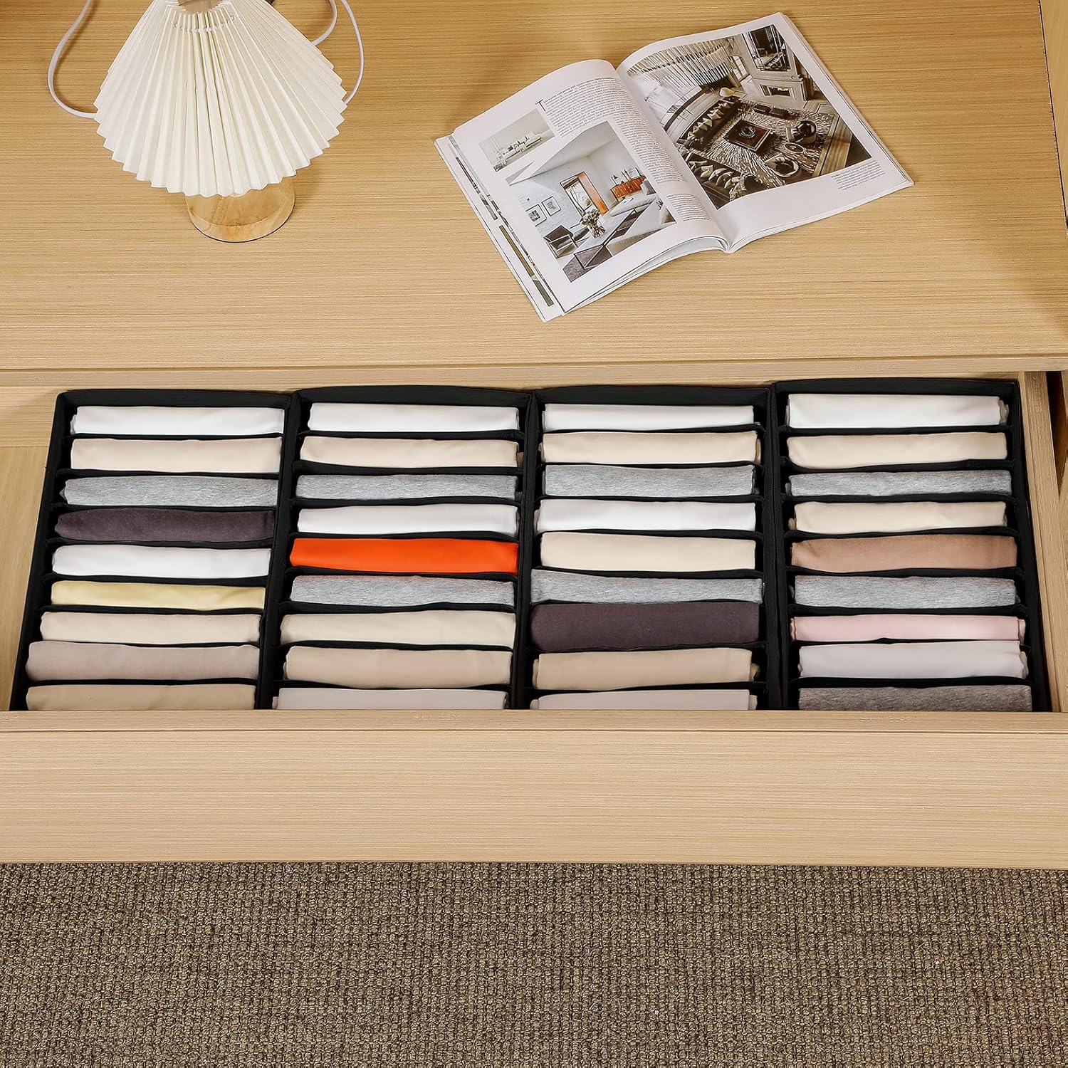 4 Packs T-shirt Drawer Organizers for Clothing,10 Grids Compartment Wardrobe Storage Box, Washable Clothes Organizer for Folded Clothes, T-shirt, Legging-Black