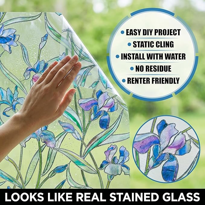 Coavas Window Privacy Film: Stained Glass Window Film Decorative 3D Violets - Image 6