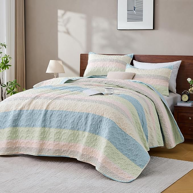 Andency Queen Quilt Bedding Set Blue Pink, 3 Pieces Patchwork Summer Striped - Image 8